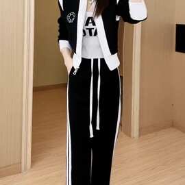 黑白经典配色两件套2023年开衫卫衣套装女时尚盐系欧货运动两件套
