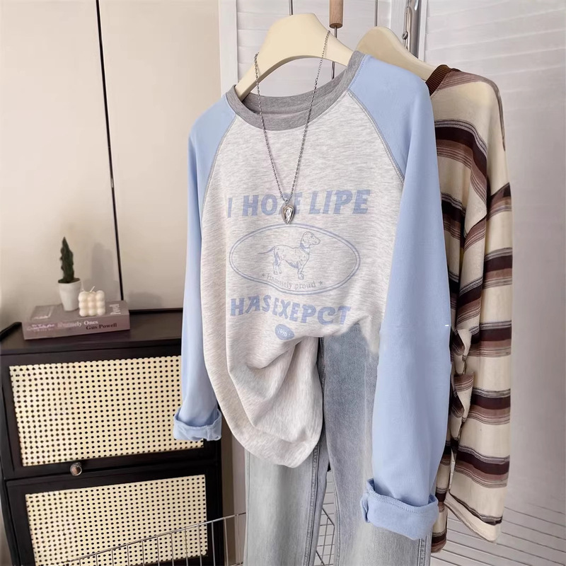 120kg Designer-Inspired Niche Color-Block Raglan Pure Cotton Long-Sleeve T-Shirt for Women, 2026 Spring New Popular Base Shirt Top