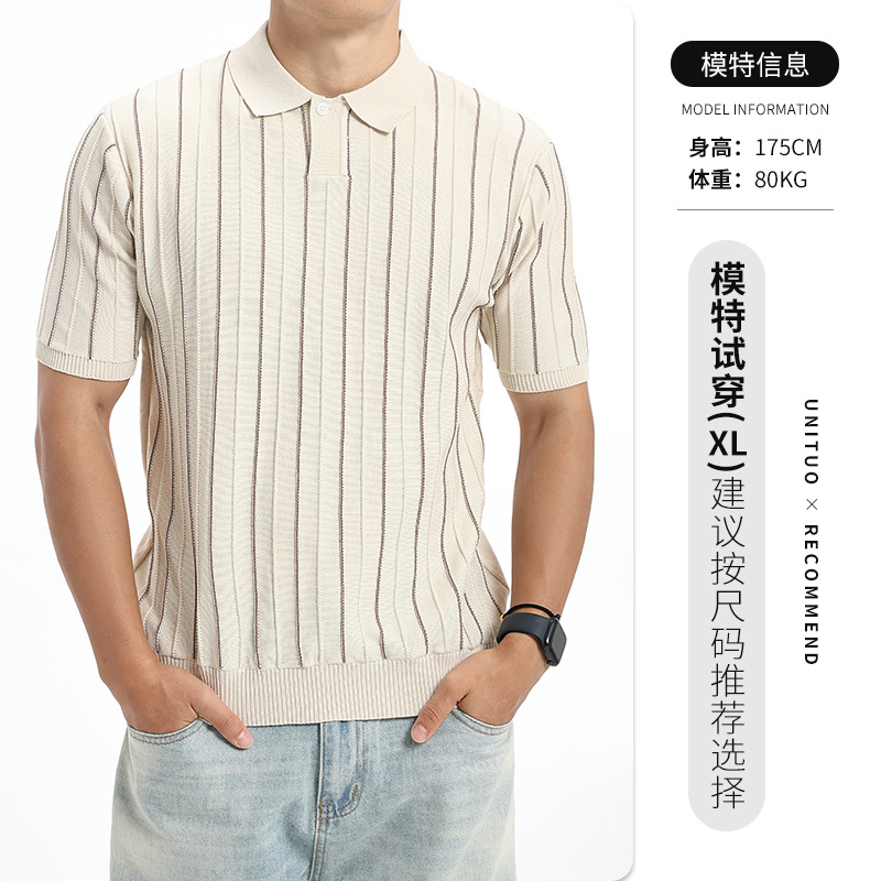 Polo de seda de hielo de hombre, camiseta de alto nivel, camiseta de negocios, camiseta de polo, tela de rayas, camiseta de punto de manga corta para hombres