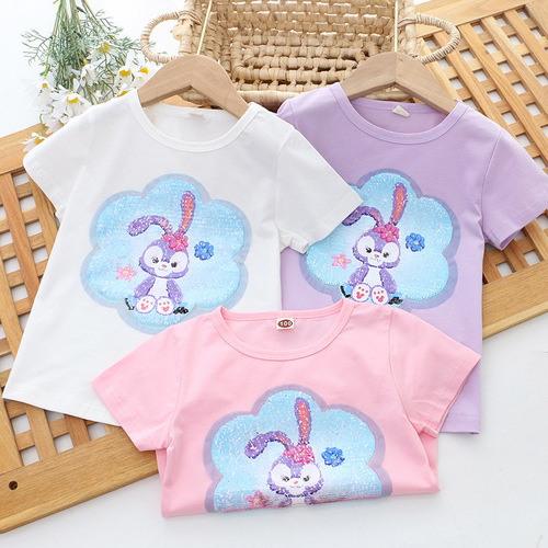 Children's summer clothing new style girls double-sided color-changing sequined short-sleeved T-shirt cross-border foreign trade manufacturer