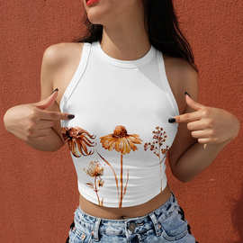 亚马逊夏季吊带背心上衣女式挂脖上衣简约印花圆领无袖露脐背心