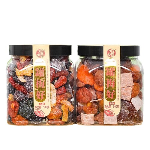 A can of Meihao with 500g canned plum, dried apricot, hawthorn slice, strawberry, apricot, honeyed preserve, fruit peel dry mix, wholesale