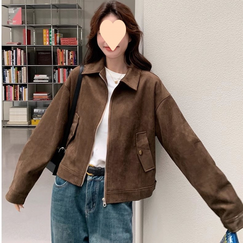 美拉德咖色仿麂皮外套女2025新款复古短款高级感韩系秋季夹克上衣|undefined
