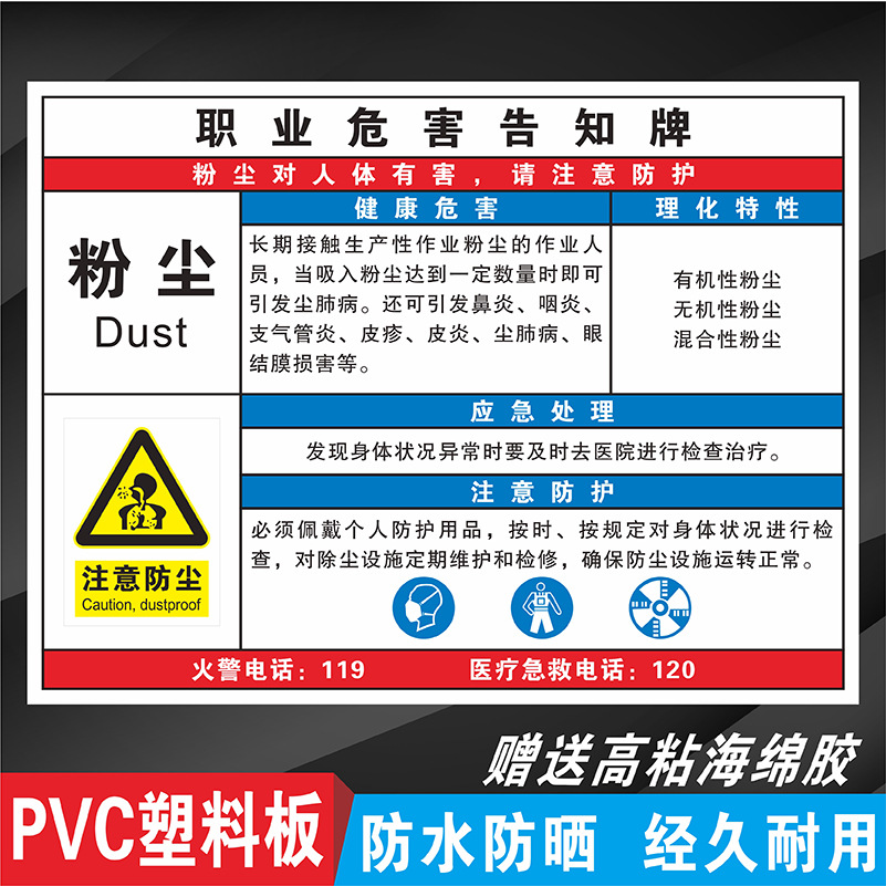 工厂车间粉尘职业病危害告知卡噪声噪音有害安全周知卡高温油漆硫