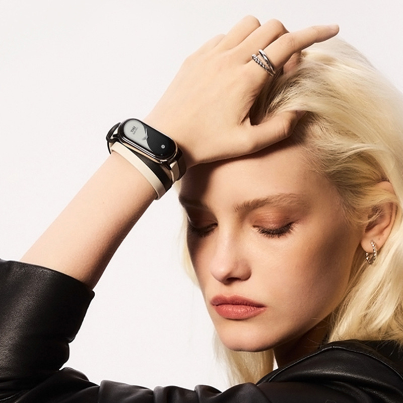 Adecuado para mi pulsera 8 correa de cuero genuino correa de muñeca de doble anillo blanco y negro deportes inteligentes de ocho generaciones versión NFC hombres y mujeres creativos