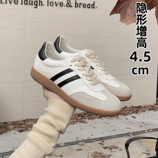 Genuine Leather Inner Height Increasing White Shoes Women's 2025 New All-match Color Matching Lace-up Casual Sports Sneakers Retro German Training Shoes