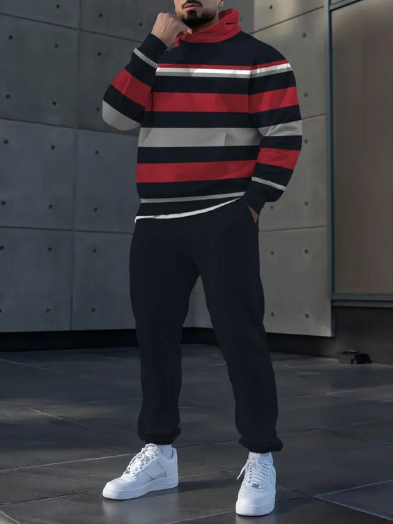 Pantalones de suéter con capucha de estilo personalizado de dos piezas con estampado digital a rayas clásico MC11-ML1