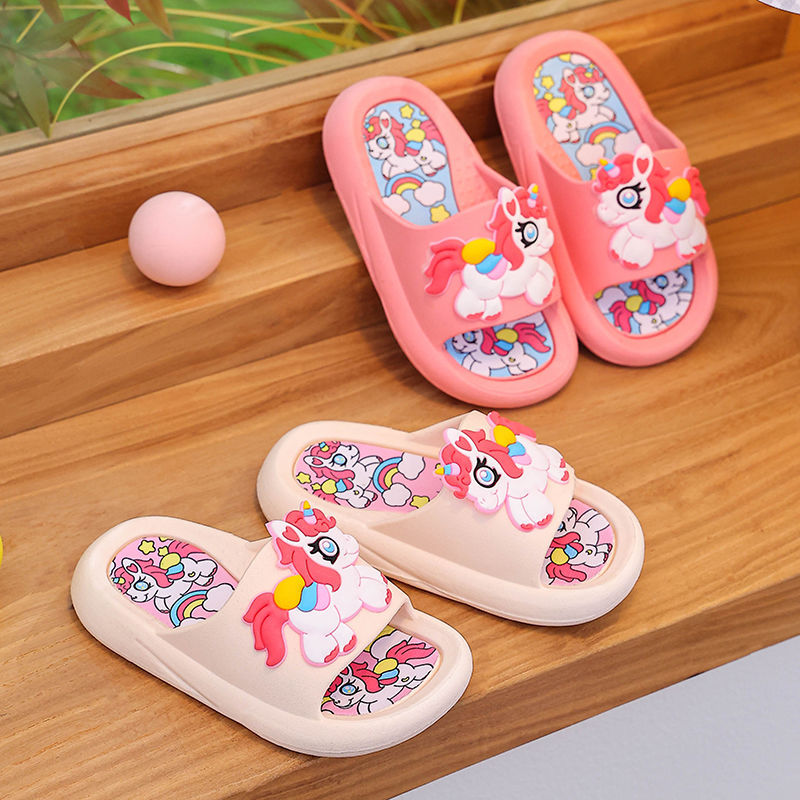 Zapatillas para niños arco iris verano niñas niños bebé antideslizante interior lindo zapatillas frías para niños pony de fondo suave