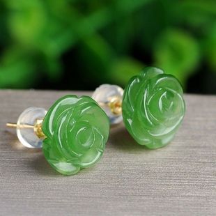 New Green Jade Authentic Women's Jade Rose Flower Earrings Women's 925 Sterling Silver Retro Style Earrings