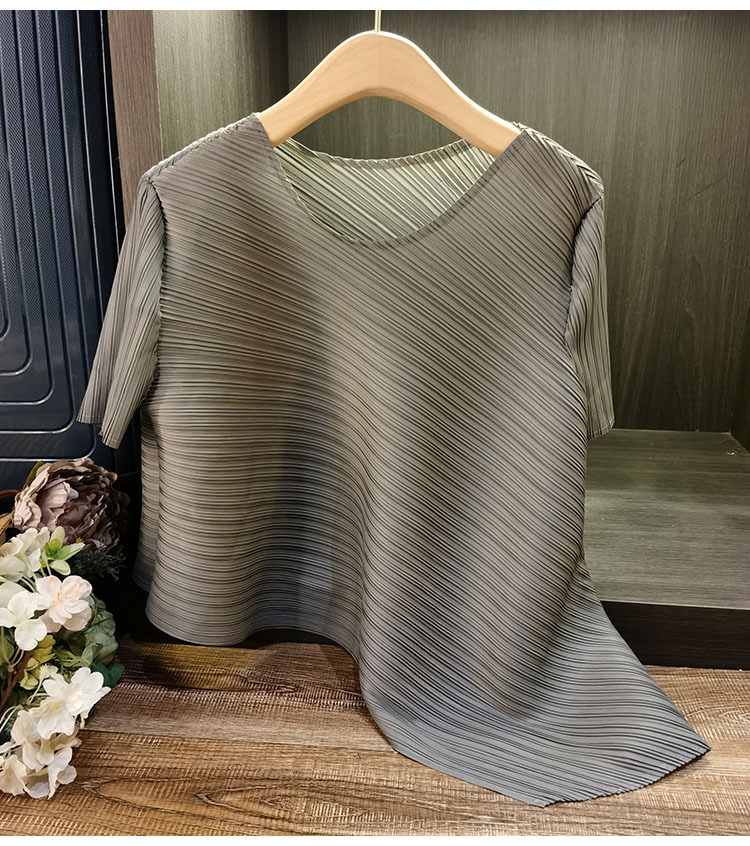 Áo thun ngắn tay dáng rộng cổ tròn xếp ly nữ mùa hè — Tím hoa cà, Màu đen, Màu cam, Xanh lam Sương Khói chi tiết 21