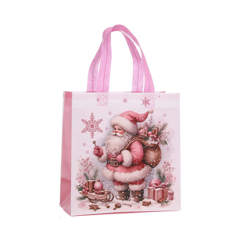 ピンクのクリスマスプリントホリデーギフト包装袋不織布ポータブルギフトバッグショッピングバッグ卸売|undefined