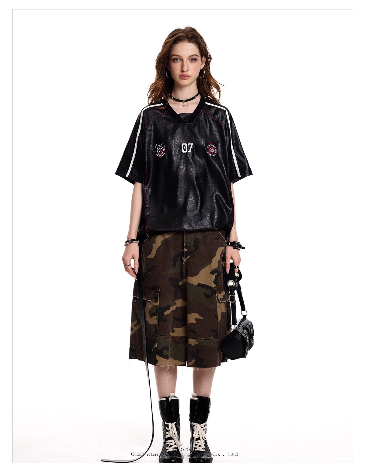 American-style Sports Short-sleeve T-shirt For Men Women, Loose And Breathable, Summer PU Leather Patchwork Hip-hop_viptrois.com