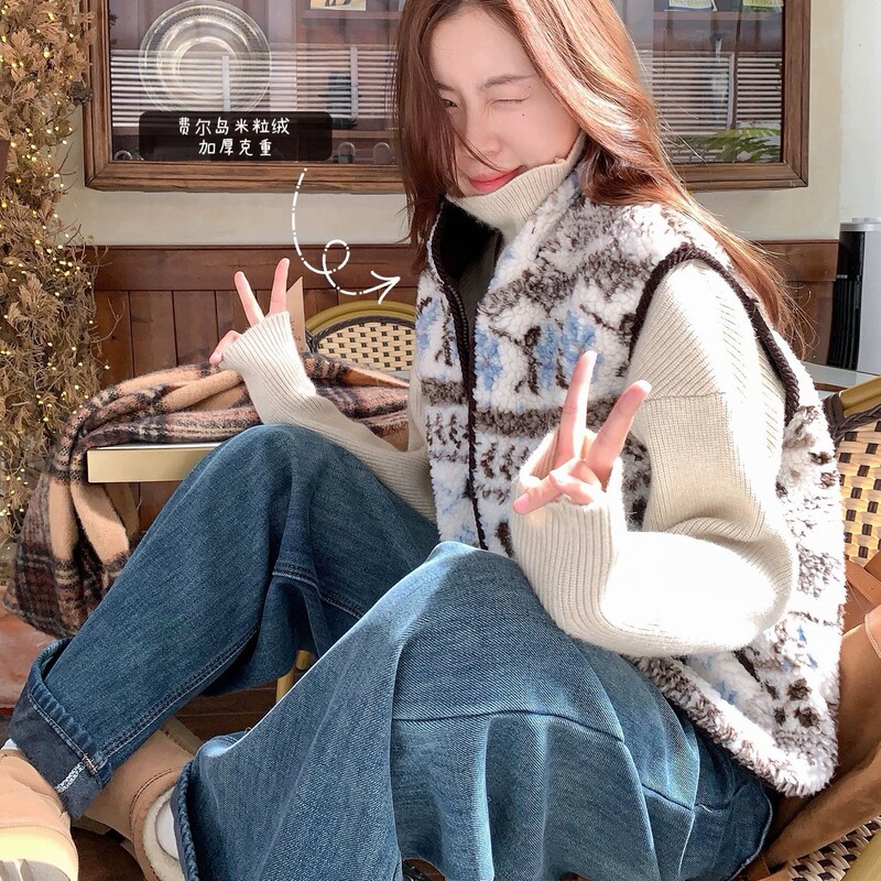 Fair Isle Jacquard Rice Grain Velvet Vest for Women 2025 New Style Stand Collar Korean Style Outerwear Home Vest Unisex