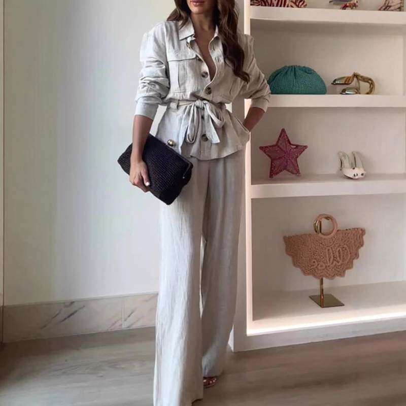欧美跨境女装两件套女2025翻领长袖衬衫纽扣休闲纯色裤阔腿套装|undefined