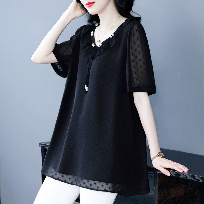 Летняя новая ретро кружевная шифоновая маленькая рубашка с V-образным вырезом с короткими рукавами