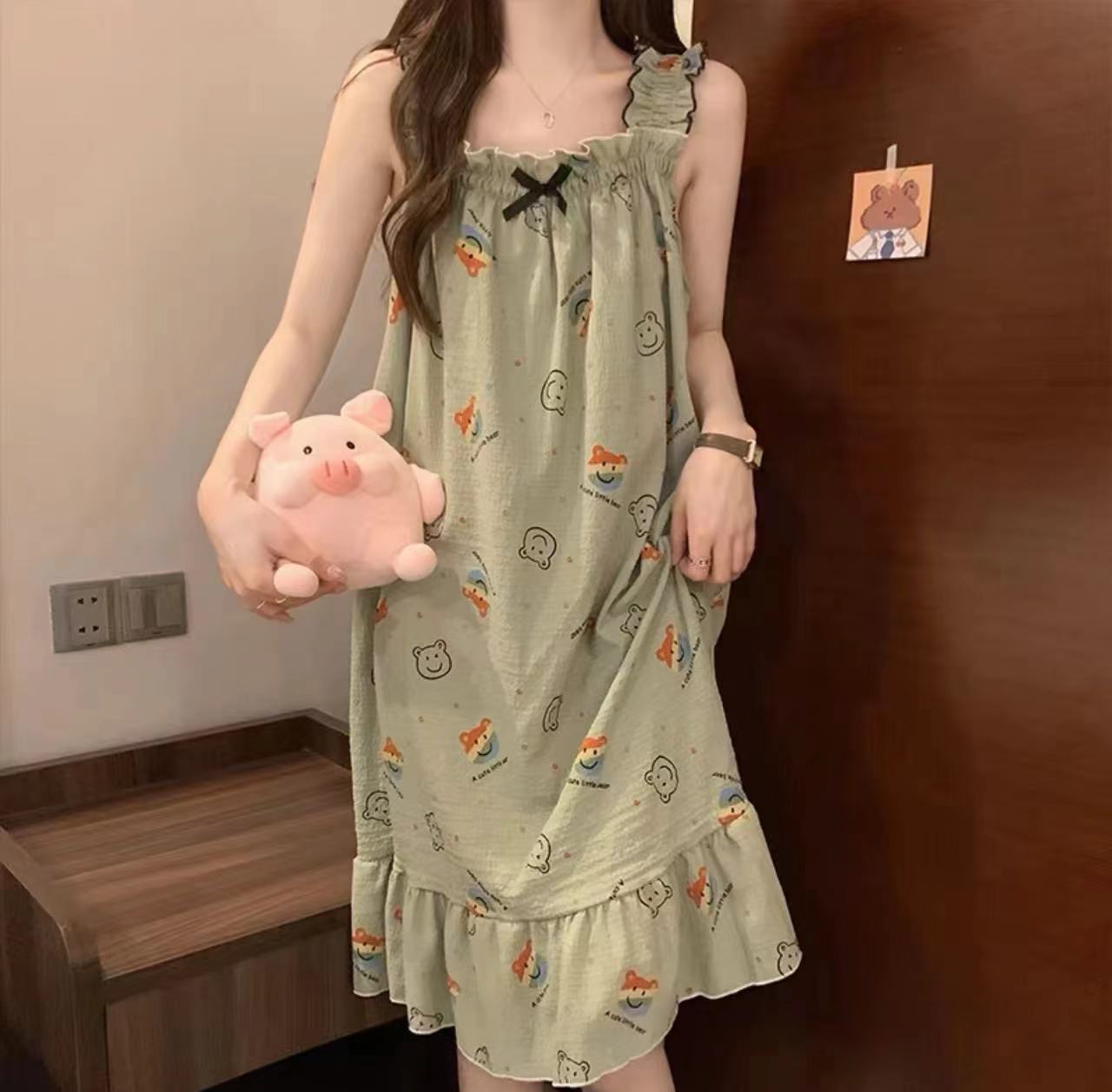 Verano nuevo pijama de algodón mujer burbuja arrugada lindos dibujos animados dulces flores literarias pijama casero al por mayor