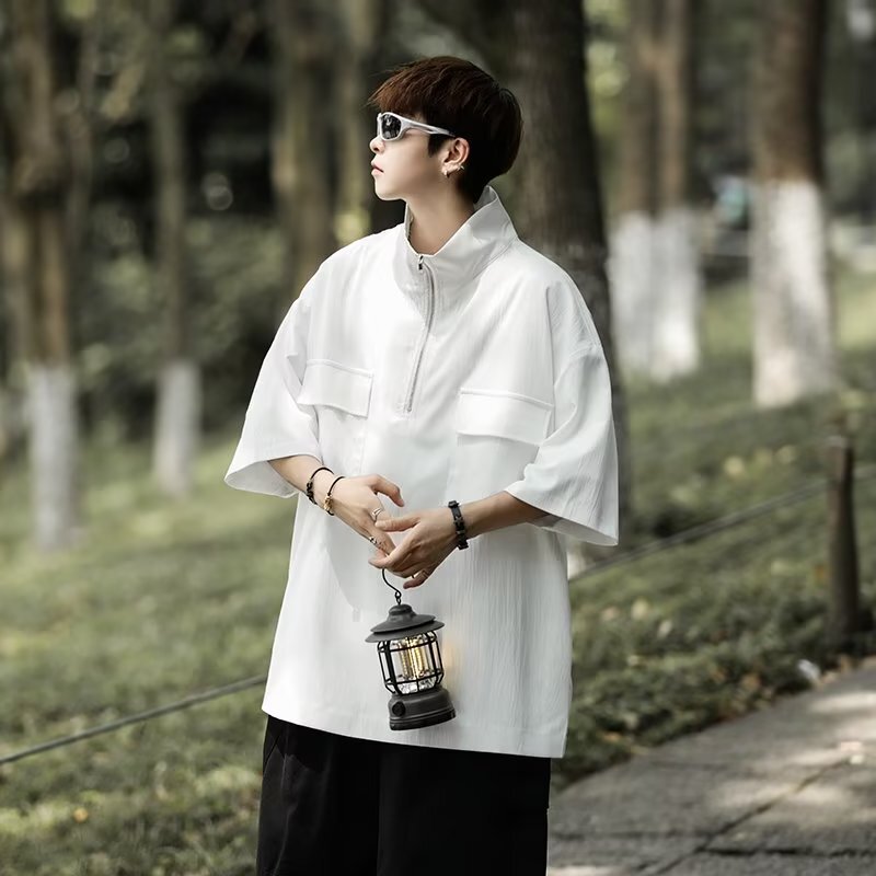 Summer Half Zip High Collar Shirt Men's Short-sleeved T-shirt Trendy Brand Retro Draped Sense Niche Casual Thin Shirt Clothes