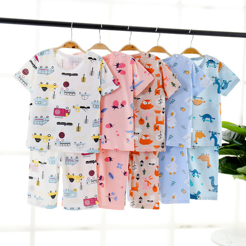 Children's summer pure cotton short-sleeved home clothes for boys and girls, thin suits for small and medium-sized children, breathable pajamas, air-conditioned clothing