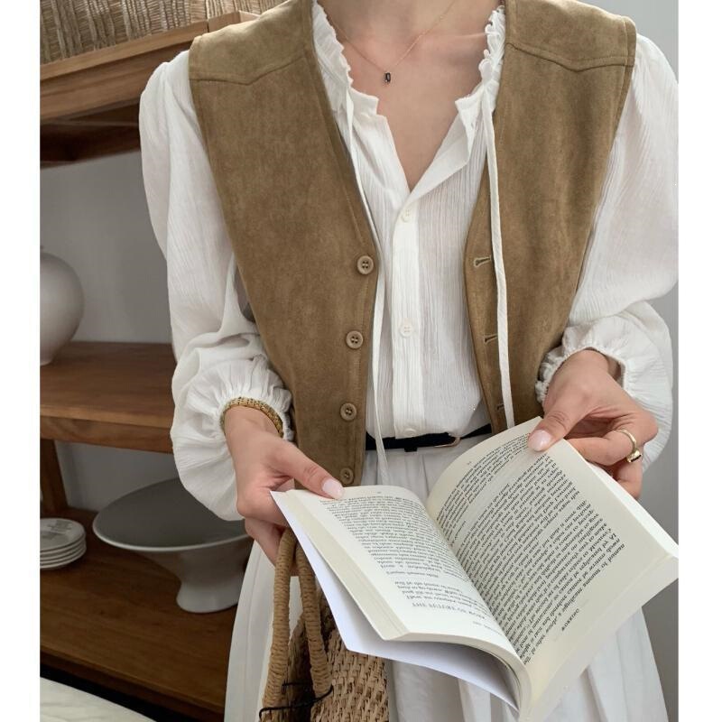 Korean-style retro suede brown vest, women's spring/autumn outfit, short jacket Korean-style retro suede brown vest, women's spring/autumn outfit, short jacket