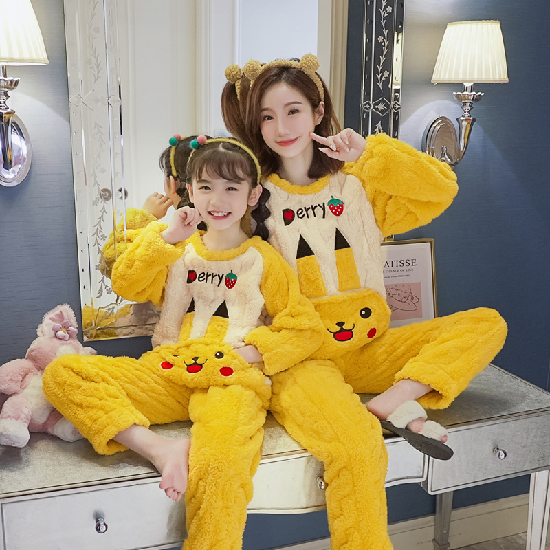 儿童睡衣珊瑚绒冬季加厚加绒亲子装法兰绒可爱母女父子家居服套装