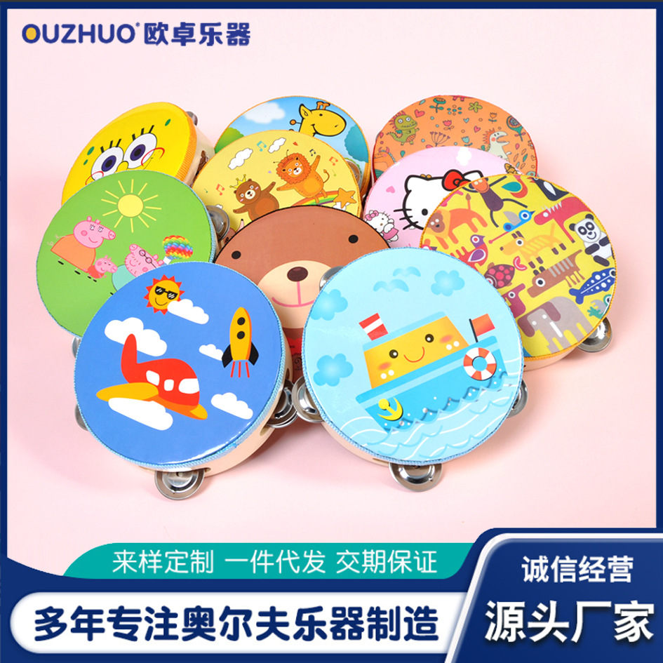 幼儿园儿童玩具铃鼓奥尔夫乐器手拍鼓手摇铃木制卡通女孩红色摇铃