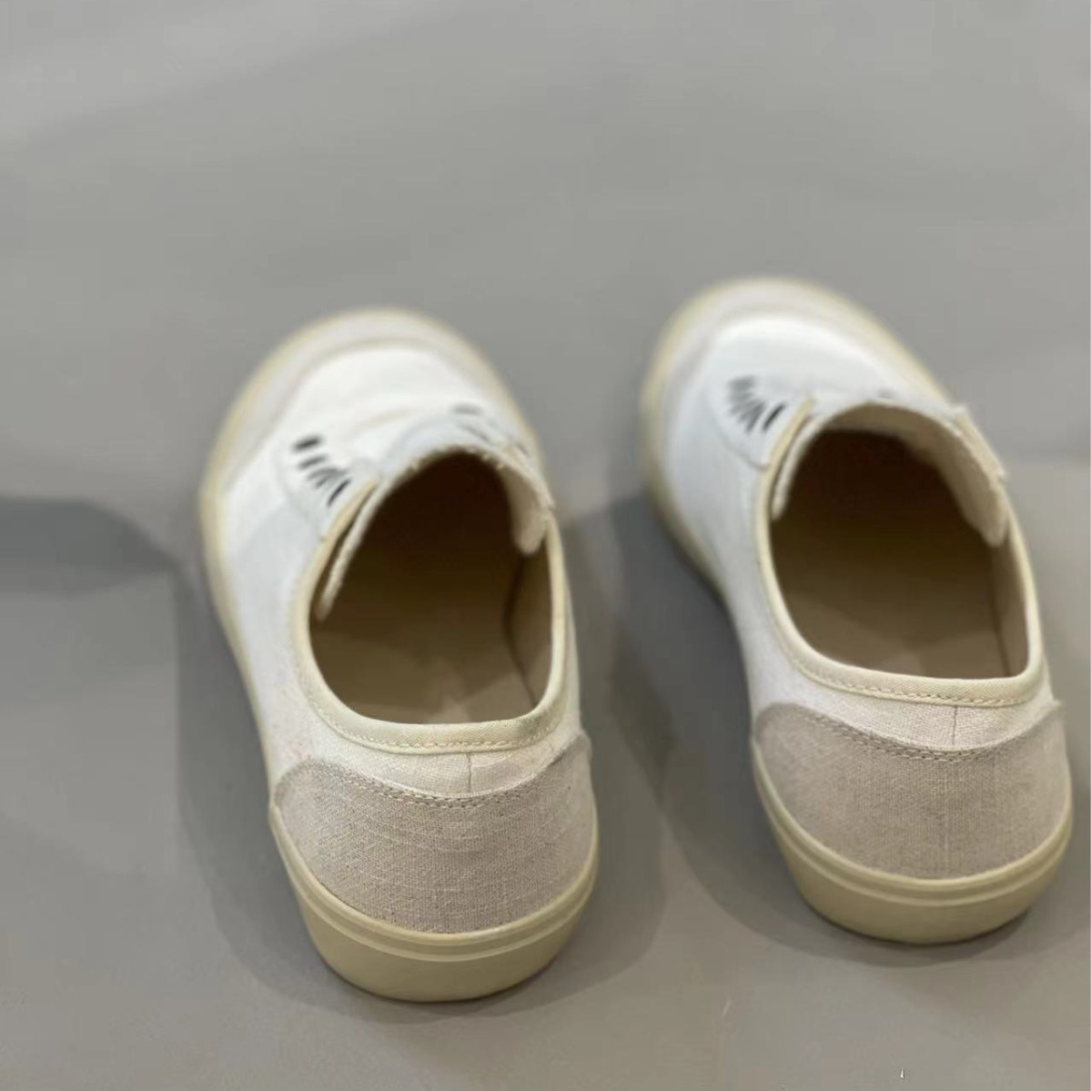 粗织麻料拼接无系带一脚蹬板鞋日线冈山硫化舒适懒人版休闲