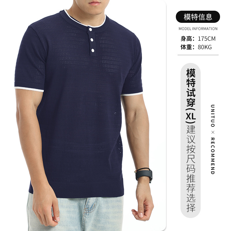 Hombres europeos y americanos huecos Henry cuello camiseta de punto de manga corta verano de negocios casuales transpirables de alto nivel de sensación de blusa versátil