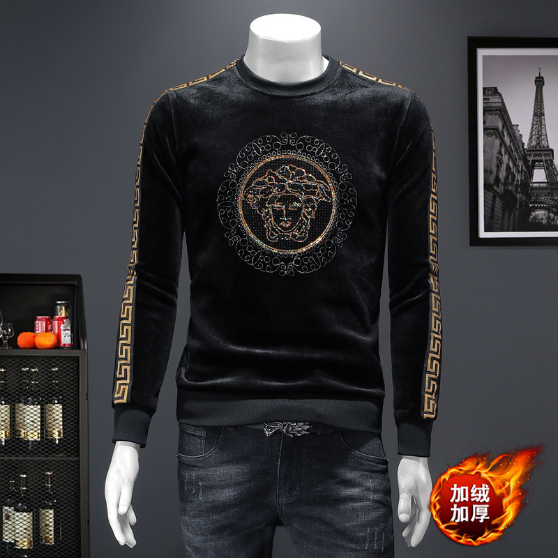 2025 Autumn and Winter New Men's Gold Velvet Fleece-Lined Thickeneded Sweatshirt Fashionable Slim Youth Pullover Sweatshirt for Men