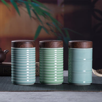 Longquan celadon originality household Moisture-proof seal up Storage tanks ceramics Wood cover Thread Tea pot carving LOGO