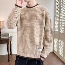 宽松纯色毛衣潮流男士秋冬季圆领套头针织衫日系慵懒风内搭上衣