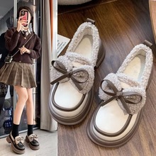 日系增高小皮鞋女2025冬季新款加绒蝴蝶结松糕厚底法式玛丽珍棉鞋