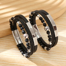 欧美跨境畅销天然石搭配不锈钢配件超纤材质手工编织百搭男士手镯