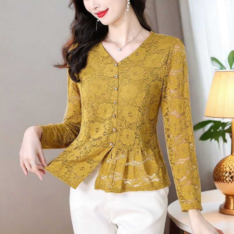 Trendy and Chic Lace Blouse for Women 2025 Autumn New Ruffled Irregular Long Sleeve Top for Women