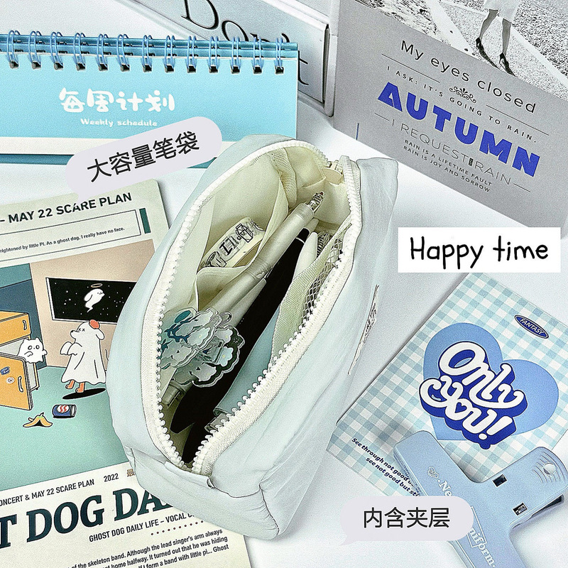 韩版小众ins蓝色简约刺绣猫咪笔袋大容量纯色收纳袋学生文具笔盒|undefined