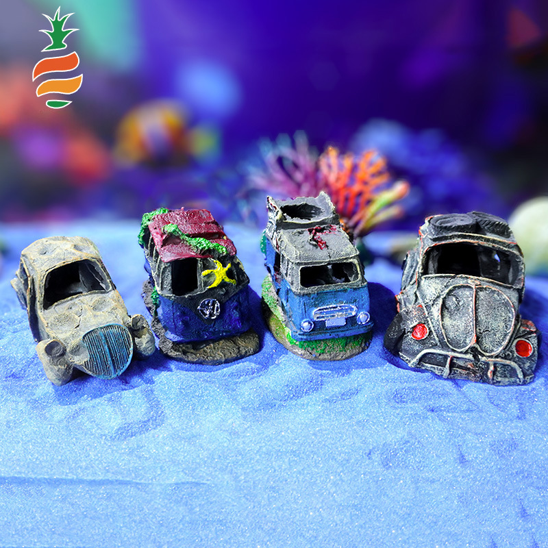 Venta caliente decoración de acuarios restos de coche pecera paisajismo resina pescado camarones adorno esquivar coche viejo autobús spot