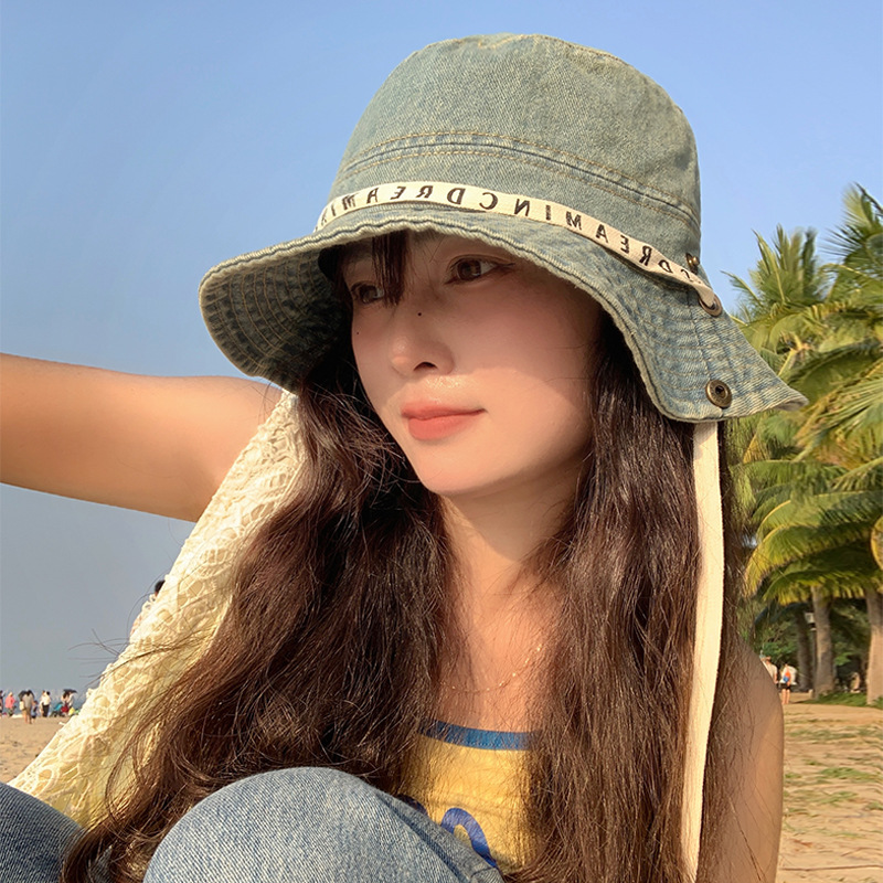 Gorra de pescador con cordones de letras retro coreanas para mujer, sombrero de lavabo de todo fósforo casual de primavera y verano, sombrero de montañismo de mezclilla occidental