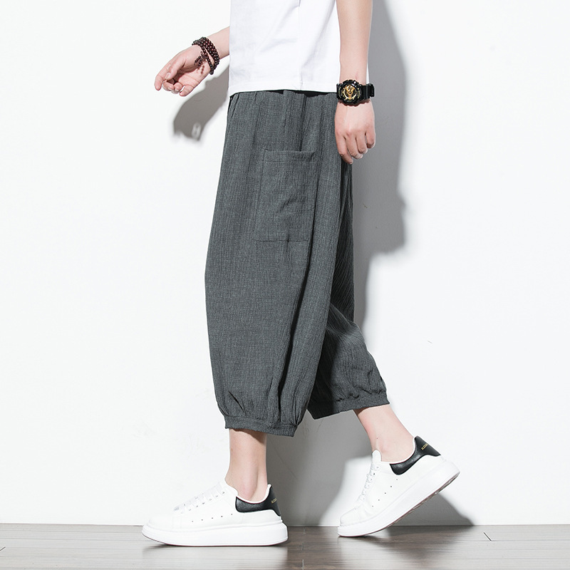 2022 Summer Ice Silk Cropped Pants Men's Chinese Style Cotton and Linen Elastic Casual Pants plus size Loose Leg Haren Pants Men's