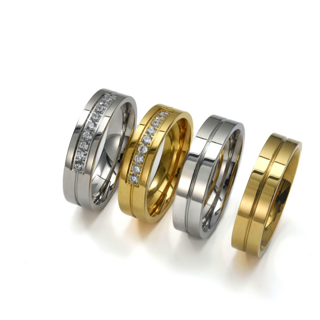 New hot sale in stock direct selling simple car line men's titanium steel ring Women's diamond zircon couple Ring Jewelry