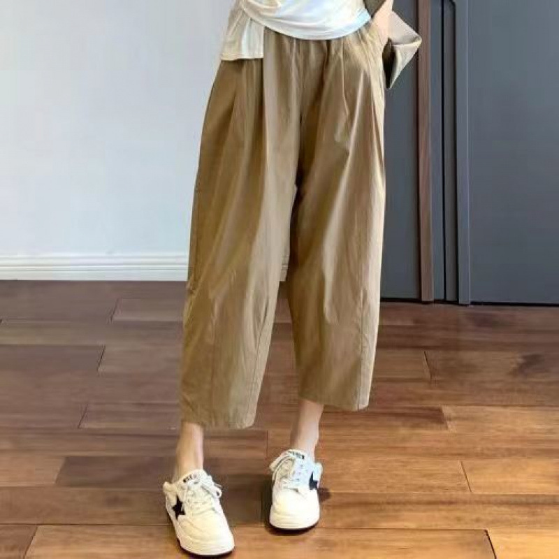 Japanese-Style Casual Pants for Women, Summer Straight-Leg Versatile Loose Cropped Harem Pants, Carrot Pants, Petite Long Pants