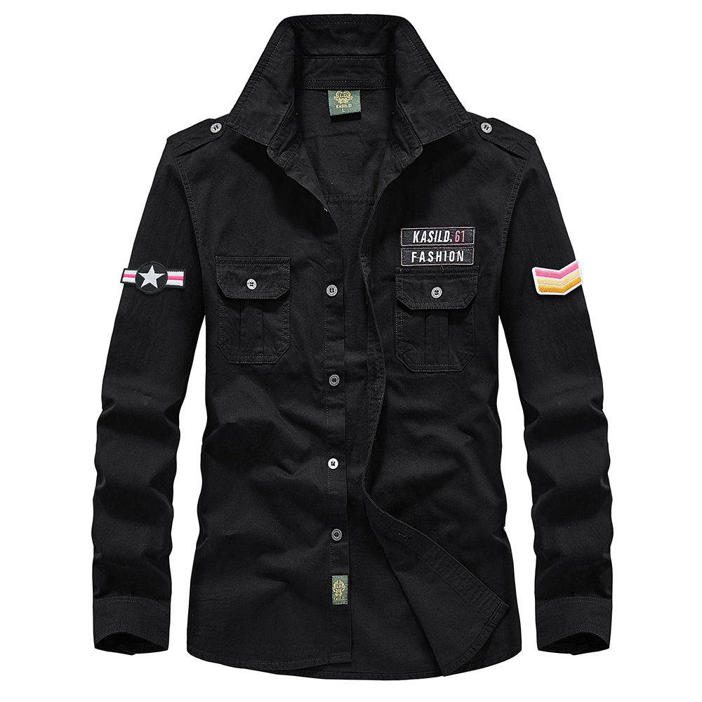 Amazon Camisa de manga larga de algodón para hombre suelta talla grande Primavera y otoño Ropa de trabajo del ejército Camisa casual Camisa estilo militar