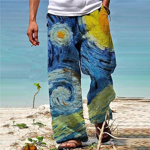 Men's Loose Straight Leg Long Pants with 3D Print, European and American Style, Vacation Beach Pants