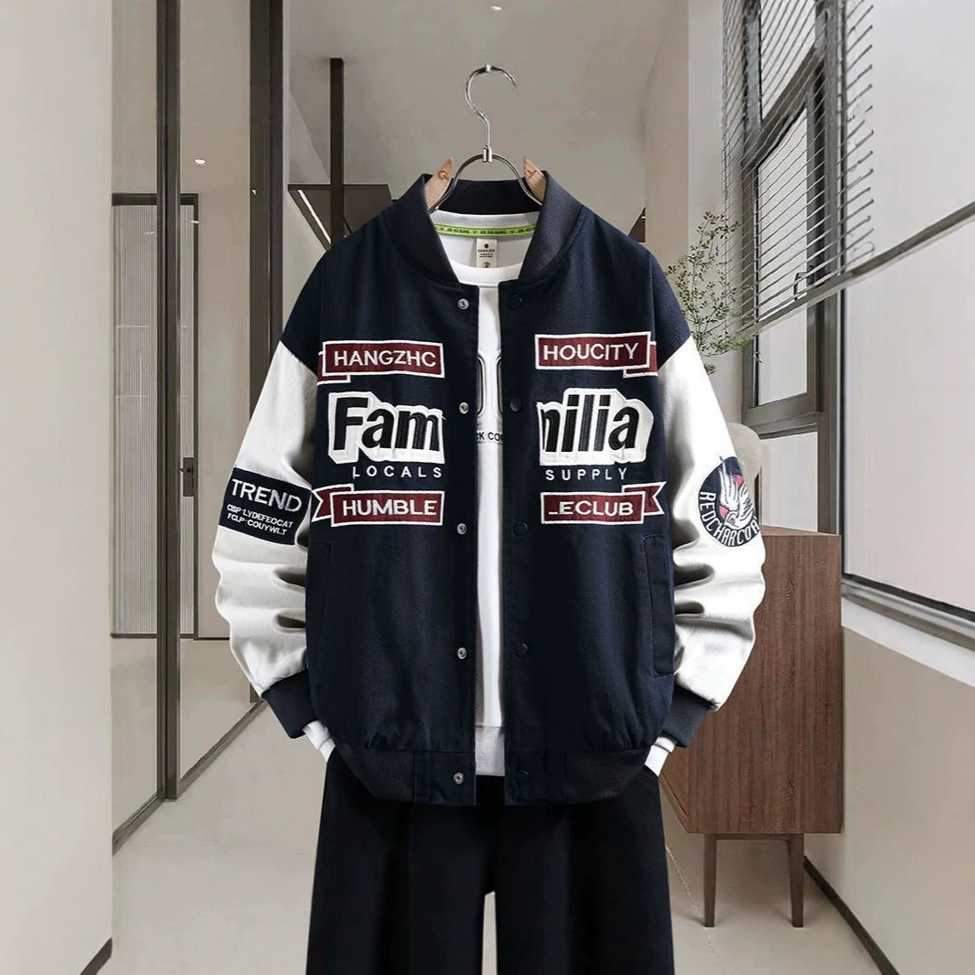 美式复古夹克男女外套秋季新款春秋春秋季情侣拼接宽松工装棒球