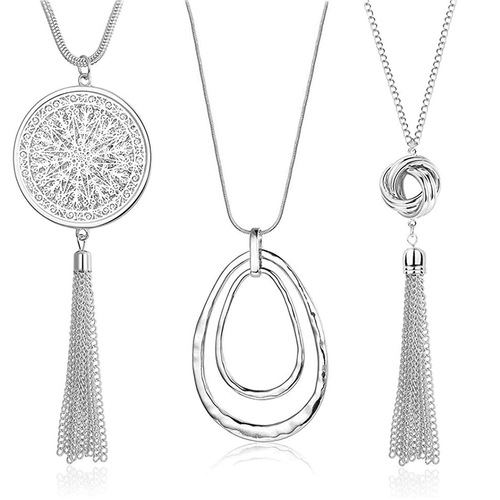Hollowed-Out Disc Pendant Tassel Long Necklace, Trendy Ethnic-Style Choker, Double-Layer Circle Sweater Chain