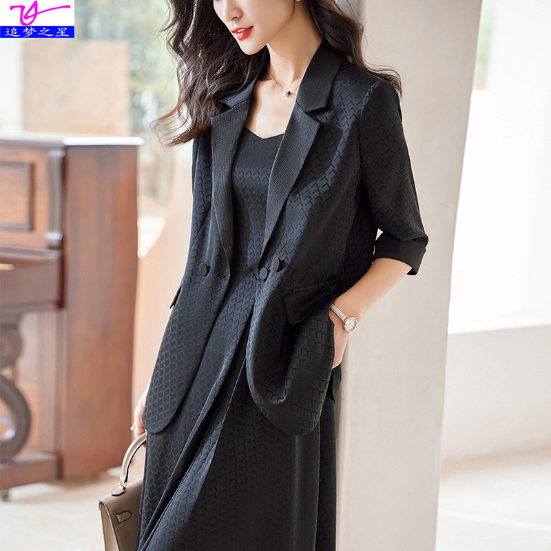 Black Suit Jacket Women's Spring and Summer Thin High-end Temperament Small Casual Suit Dress Two-piece Suit