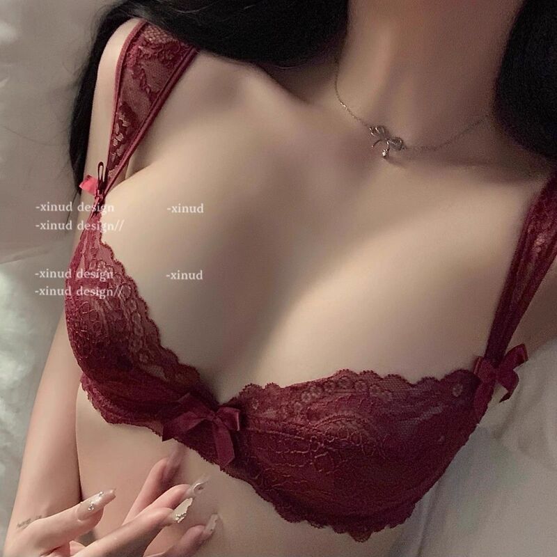 New Sexy Lace Panties Pure Desire Wind Small Chest Underwear Women's Suit Red Soft Steel Ring Bra