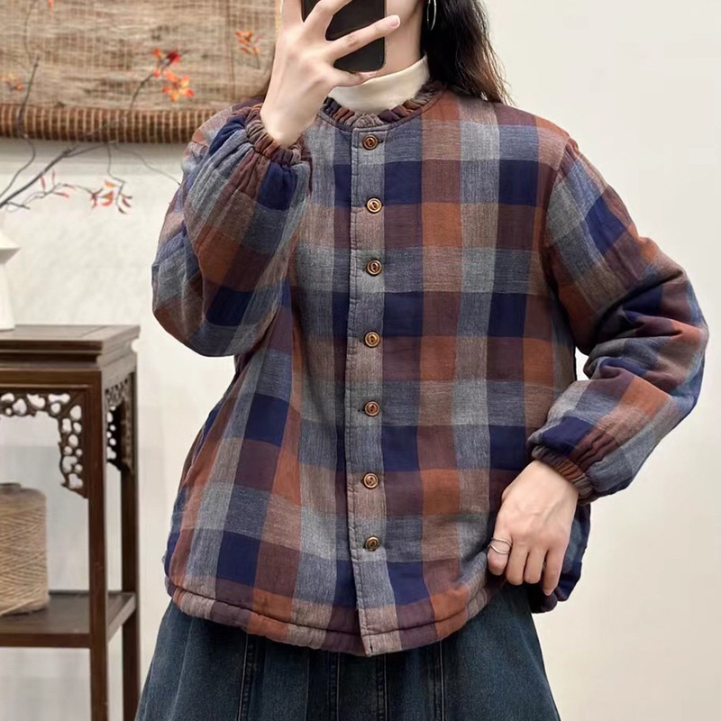木耳边领格子棉服外套女士秋冬轻薄夹棉长袖开衫休闲简约复古棉衣|undefined