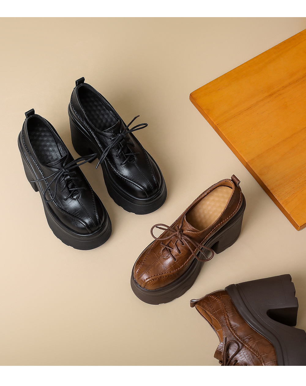 Giày loafer nữ đế xuồng cao gót 12 cm, mũi sâu buộc dây, da bò thật — màu nâu, màu đen chi tiết 13