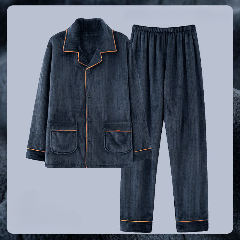 Transfronterizo hombre coral terciopelo pijama otoño y invierno grueso terciopelo cálido manga larga suelta franellas set de ropa para el hogar