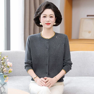 时尚休闲妈妈装针织开衫女春秋新款上衣服气质百搭中老年毛衣外套