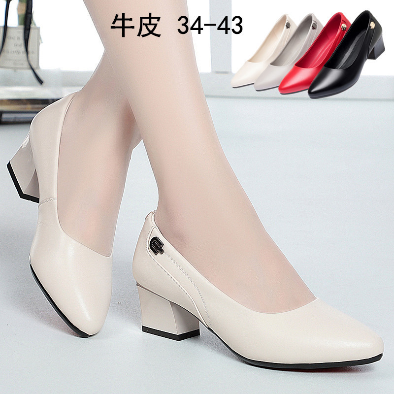 Spring and summer work shoes women's black middle heel soft bottom thick heel leather shoes for professional work interview comfortable women's shoes dancing shoes